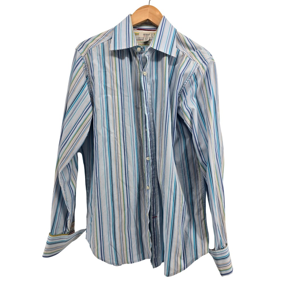 Guess Shirt Mens Large M44A3256 Blue Multi Stripe Long Sleeve Button Down EUC
